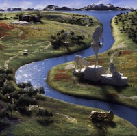 an image of a landscape with a river and statues