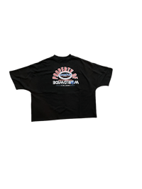 a black t - shirt with a red logo on it