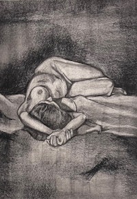 a drawing of a woman laying on a bed