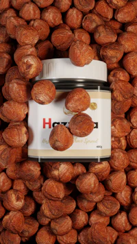 a jar of hazelnuts sitting on top of a pile of nuts