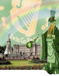 a cartoon of a irish man in front of buckingham palace