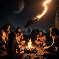 a group of men sitting around a campfire