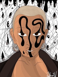a black and white drawing of a man with dripping paint on his face