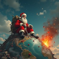 santa claus sitting on top of a burning earth