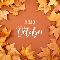 hello october with autumn leaves on an orange background