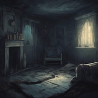 a dark room with a bed and a fireplace
