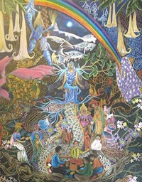 a painting of a rainbow and people in the forest