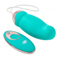 a teal colored vibrator with a remote control