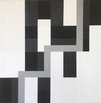 an abstract painting with black and white squares