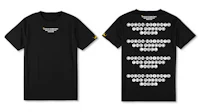 two black t - shirts with words on them