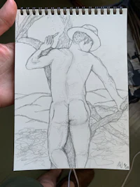 a drawing of a naked man holding a hat