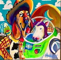 a painting of a dog in a cowboy outfit