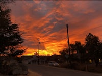 a sunset over a street with cars and trees
