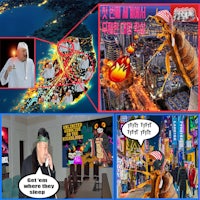 a collage of images showing a man and a woman in a city