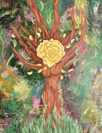 a painting of a tree with a yellow flower