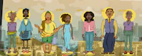 a cartoon of a group of people standing in front of a city