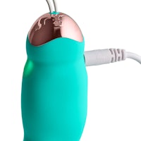 a teal electric sex toy with a cord attached to it