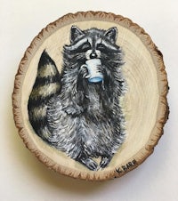 a painting of a raccoon drinking a cup of coffee