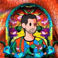 a stained glass image of a man with flowers