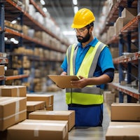a warehouse worker using a tablet in a warehouse