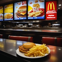 a mcdonald's restaurant with a plate of french fries and a mcdonald's chicken