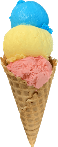 an ice cream cone with blue, yellow and pink ice cream