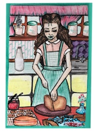 a drawing of a girl making bread