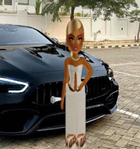 a woman in a white dress standing next to a black car