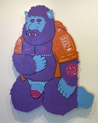 a painting of a purple gorilla sitting on a wall