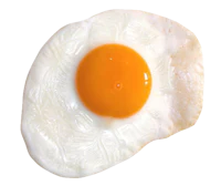 an fried egg on a black background