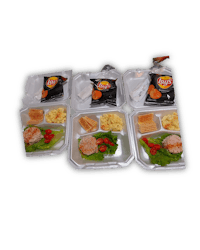 four plastic containers with food on them
