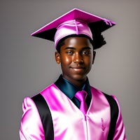 a young black man in a pink graduation gown