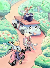 a cartoon of a group of people riding a motorcycle and a car