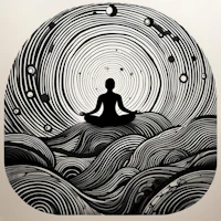 a black and white drawing of a man meditating on top of a wave