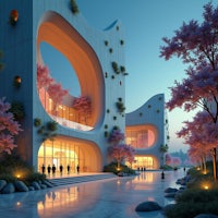 a futuristic building with trees in the background