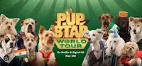 a group of dogs in front of a green background with the words puppy star world tour