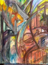 a watercolor painting of a train on a train track