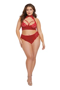 a plus size woman in red lingeries and panties
