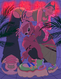 a cartoon of a girl and a man in a pair of sneakers