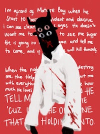 a drawing of a devil with blood on his face