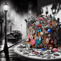 a black and white photo of a purse full of jewelry