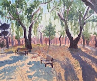a painting of a park with benches and trees