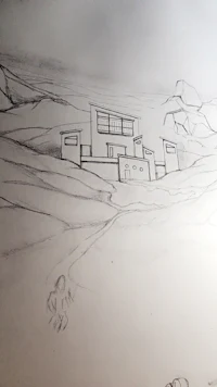 poster board sketch of house in the hills on oceanside cliff