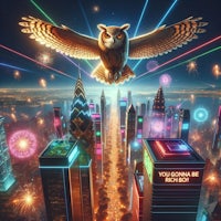 an owl flying over a city with fireworks
