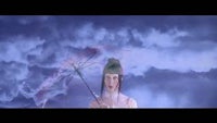 a woman holding an umbrella under a cloudy sky
