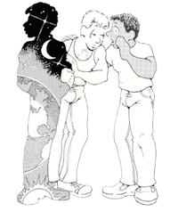 a black and white drawing of a man and a woman