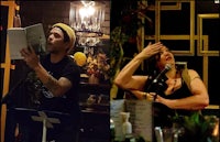 two pictures of a man and a woman reading a book