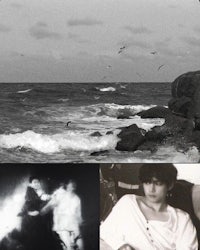 a black and white photo of a woman and a man on the beach