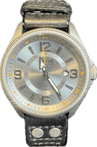 a men's watch with a black leather strap