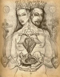 a drawing of a man and a woman holding a cross